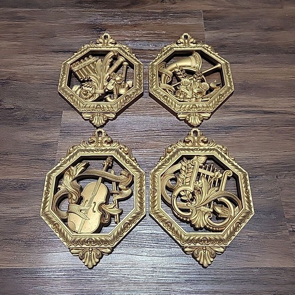 HOMCO Set 4 Gold Ornate Musical Instrument Plaques Decor USA Made Vintage 1970s